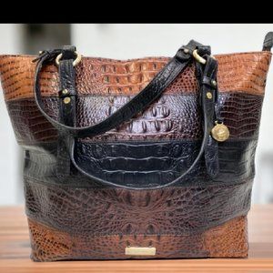 BRAHMIN BLACK & MULTICOLOR BROWN STRIPED EMBOSSED LEATHER CONVERTIBLE PURSE/TOTE